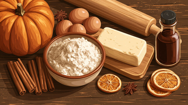 Autumn Baking Ingredients with Pumpkin Cinnamon Butter and Dried Orange