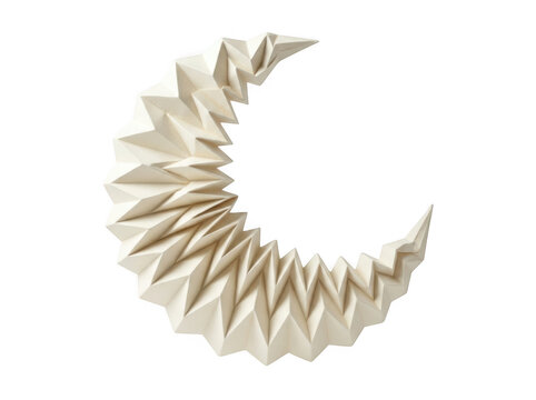 A crescent moon shape made from folded white paper, origami with geometric patterns and sharp edges, isolated on a solid black background isolated on a transparent background