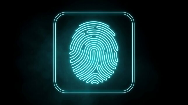 Cyan neon fingerprint icon on black background