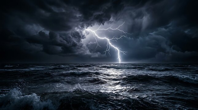 Lightning strike over stormy ocean waves