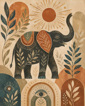 Boho Elephant Illustration with Sun Botanical Leaves and Mystical Eye Symbols in Earthy Colors