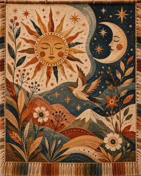 Sun and Moon Celestial Tapestry with Swallow Mountains and Botanical Embroidery