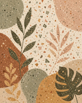 Terrazzo Botanical Background with Abstract Organic Shapes and Tropical Leaves in Earth Tones