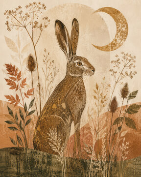 Boho Hare Illustration with Crescent Moon Wildflowers and Earth Tone Botanical Landscape