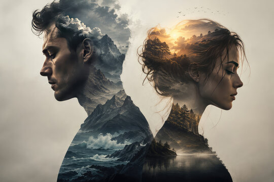 Emotional Couple Double Exposure Portrait with Stormy Mountains and Peaceful Sunset Landscape