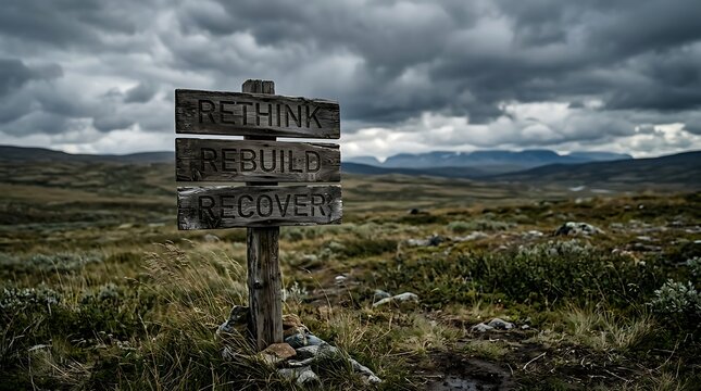 Wooden signpost with rethink rebuild recover text in mountain landscape