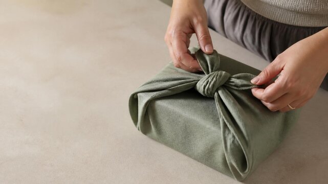 Hands tying reusable fabric cloth around gift box, eco-friendly furoshiki wrapping with copy space