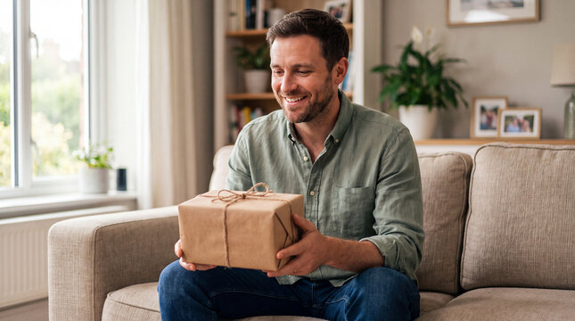 A cheerful man sitting on a comfortable sofa in his living room, smiling as he holds a thoughtful, eco-friendly brown paper gift box wrapped with twine.