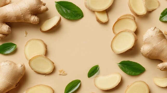 Fresh ginger root slices and green leaves arranged on a beige surface