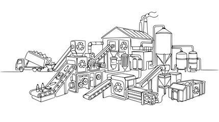 Naklejka premium Recycling factory illustration with truck and conveyor belts, isolated