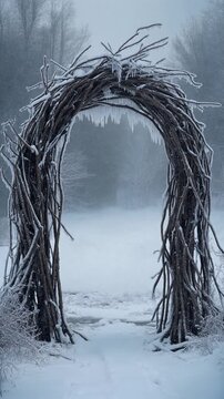 Frozen Branch Archway in Winter Landscape Generative AI