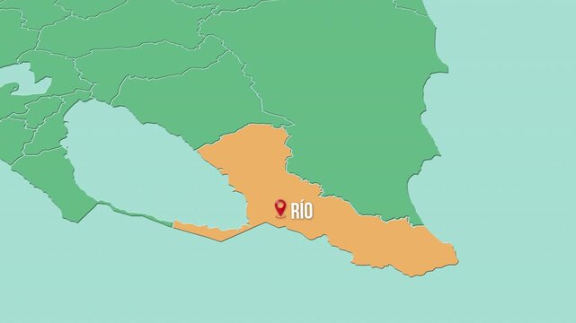 Mapa de Nicaragua con divisi&oacute;n pol&iacute;tica resaltando el departamento de R&iacute;o San Juan