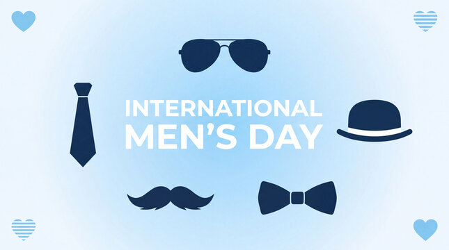 A light blue background graphic for International Men's Day featuring illustrations of a tie, mustache, bowtie, bowler hat, and sunglasses.