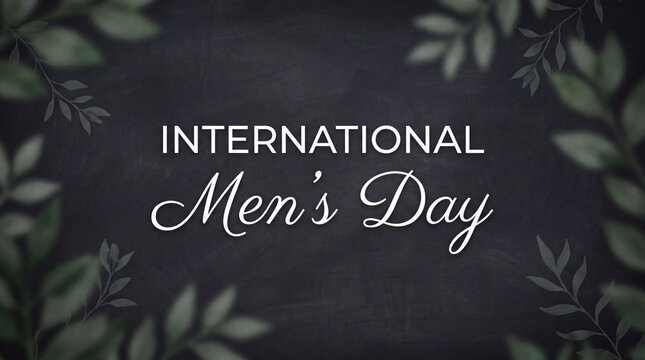 A celebratory banner for International Men's Day featuring elegant typography on a textured chalkboard background framed with decorative green leaves.