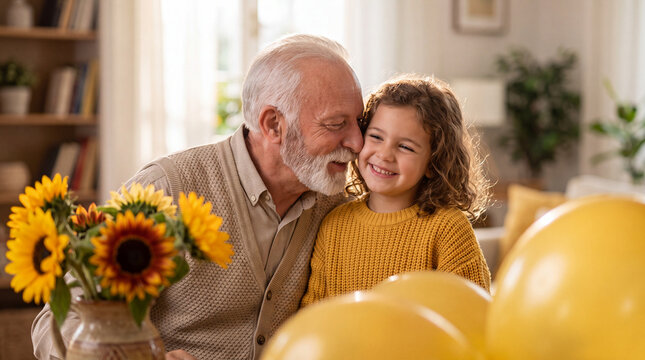 A caring senior grandfather whispers affectionately to his young granddaughter, who smiles warmly amidst a room decorated with sunflowers and yellow balloons.
