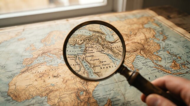 Hand holding vintage magnifying glass over old world map of Middle East