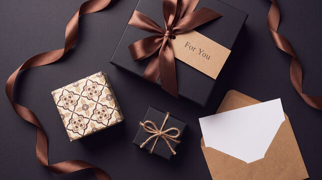 Flat lay composition of sophisticated black and patterned gift boxes with brown silk ribbons, a craft paper envelope, and a blank white card for your text.