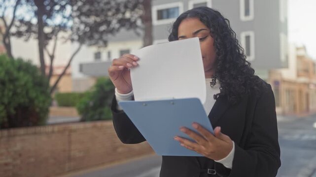 Woman in business blazer flips through documents on a city street holding a blue clipboard and reading intently; concentration.