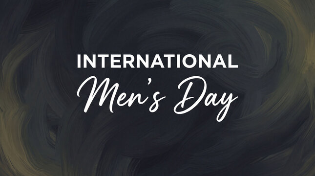 A stylish International Men's Day graphic featuring elegant typography over a dark, textured artistic brushstroke background for social media campaigns.