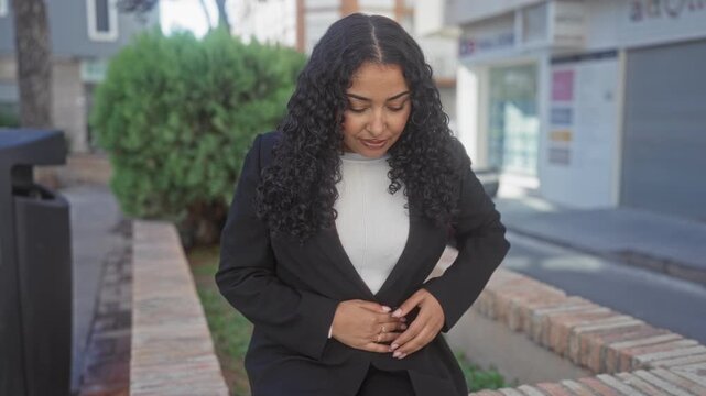 Woman holding stomach with hand and hand on hip while seated on brick ledge on a street storefront, wearing black blazer and white sweater, curly hair visible; concern health.