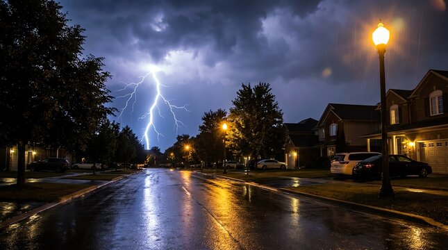 A dramatic lightning bolt strikes the night sky over a rain soaked suburban street during a powerful summer thunderstorm at midnight