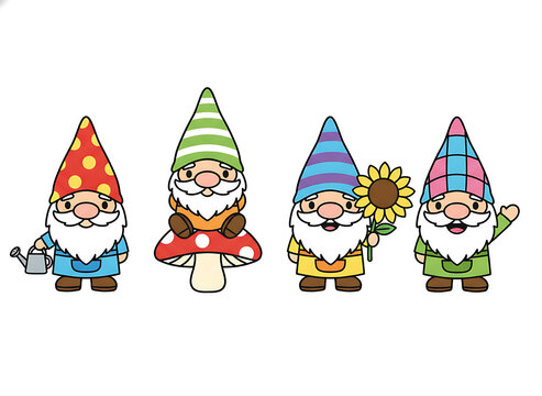 Cute garden gnomes character set with mushroom, sunflower, and watering can vector illustration isolated on white background