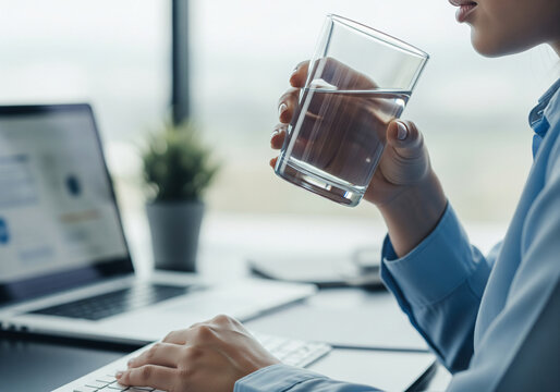 Young woman drinking water while working at laptop in modern office
