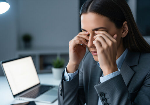 Stressed woman covering her face with hands while sitting at a desk in a modern office, surrounded by computer.