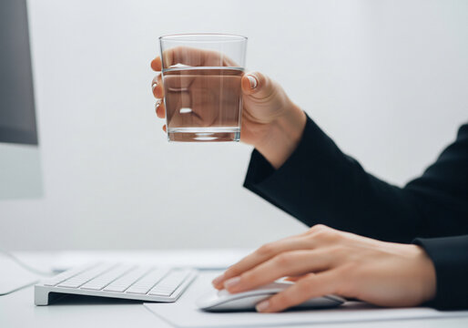 Young woman drinking water while working at laptop in modern office