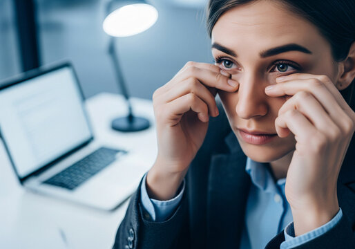 Stressed woman covering her face with hands while sitting at a desk in a modern office, surrounded by computer.
