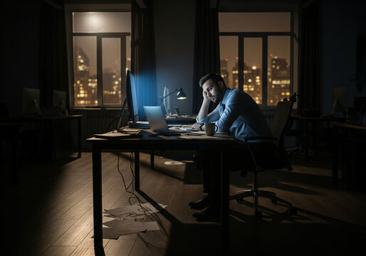 A man sitting at a desk with a laptop, working late at night with a clock on the wall and a window with city lights in the background.