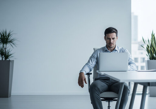 Serious businessman working on laptop. Male professional is planning strategy while sitting at office desk.