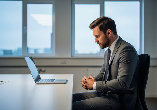 Serious businessman working on laptop. Male professional is planning strategy while sitting at office desk.