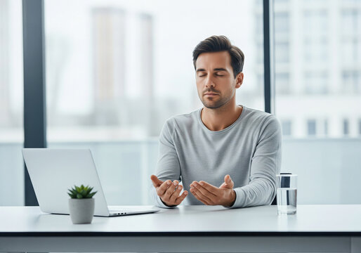 Coping With Working Stress. Portraif Of Calm Man Meditating At Workplace