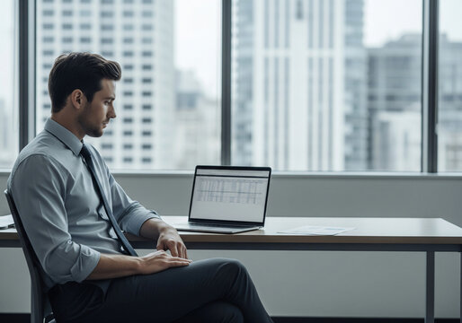 Serious businessman working on laptop. Male professional is planning strategy while sitting at office desk.