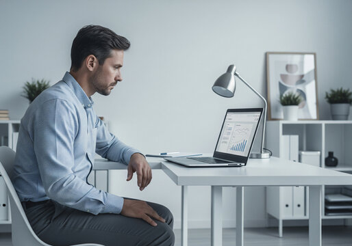 Serious businessman working on laptop. Male professional is planning strategy while sitting at office desk.