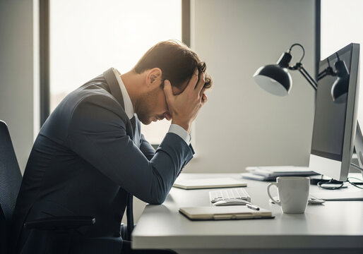 A desperate, hopeless man, anxious about financial problems and working on paperwork, sits at his desk, grappling with debt, missing budgets, and bankruptcy.