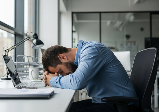 A desperate, hopeless man, anxious about financial problems and working on paperwork, sits at his desk, grappling with debt, missing budgets, and bankruptcy.