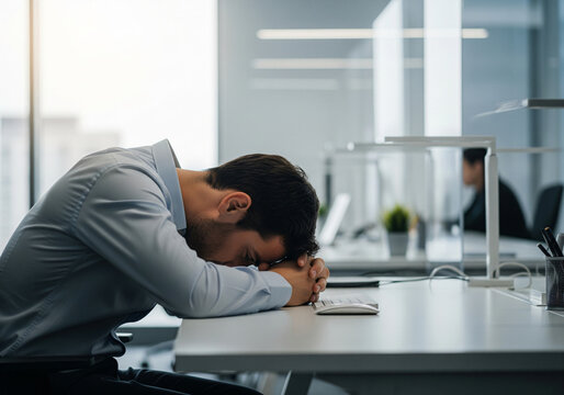 A desperate, hopeless man, anxious about financial problems and working on paperwork, sits at his desk, grappling with debt, missing budgets, and bankruptcy.