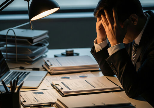 A desperate, hopeless man, anxious about financial problems and working on paperwork, sits at his desk, grappling with debt, missing budgets, and bankruptcy.