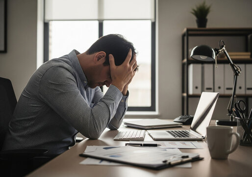 A desperate, hopeless man, anxious about financial problems and working on paperwork, sits at his desk, grappling with debt, missing budgets, and bankruptcy.