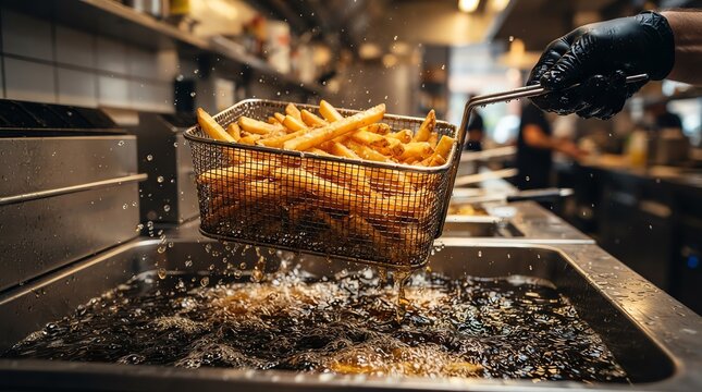 Chef Lifting a Basket of Crispy Golden French Fries from a Bubbling Deep Fryer in a Commercial Kitchen