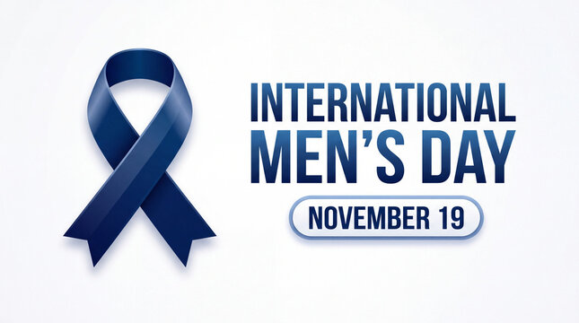 A graphic design for International Men's Day on November 19, featuring a deep blue awareness ribbon on a clean, professional white background.