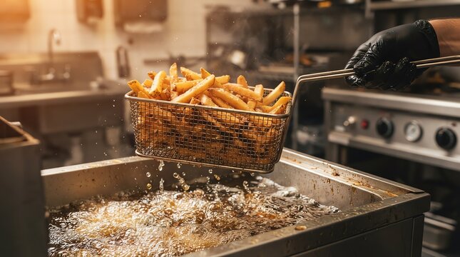 Chef lifting fresh golden French fries in a metal basket from a hot deep fryer filled with boiling oil in a commercial kitchen