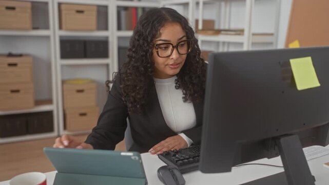 Woman at computer wearing glasses typing with right hand on keyboard while looking at tablet screen in office; professional concentration.