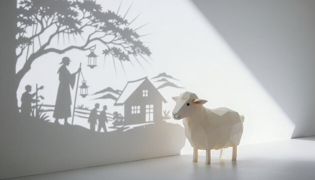 Low Poly Paper Sheep with Elaborate Shadow Scene Generative AI