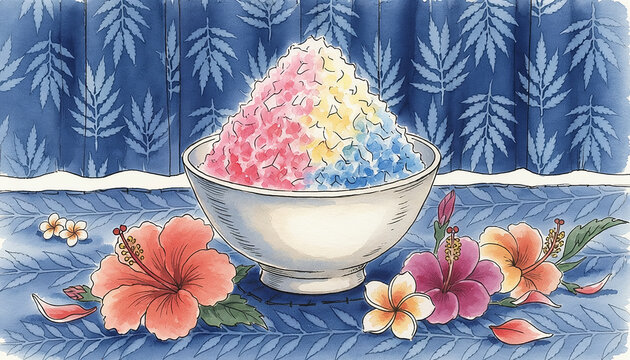 Colorful Shaved Ice with Hibiscus and Plumeria Watercolor Illustration Generative AI