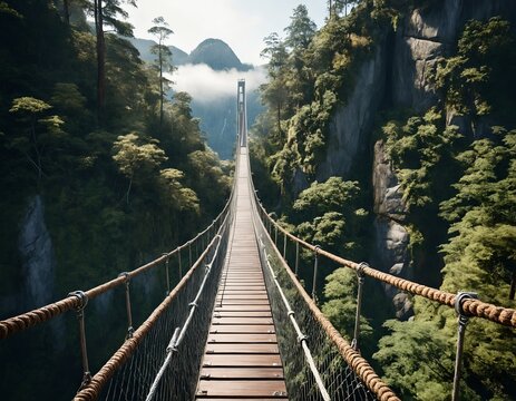Hyper-realistic professional photo of Suspension bridge hanging high above temperate rainforest canyon
