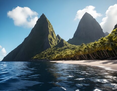 Hyper-realistic professional photo of Twin volcanic spires of Gros Piton and Petit Piton rising from Caribbean Sea
