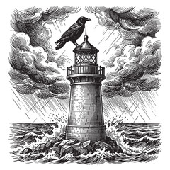 Naklejka premium raven lighthouse ocean storm engraving
